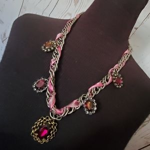 The Loft bold silvertone necklace with pink and gray ribbon, rhinestone charms